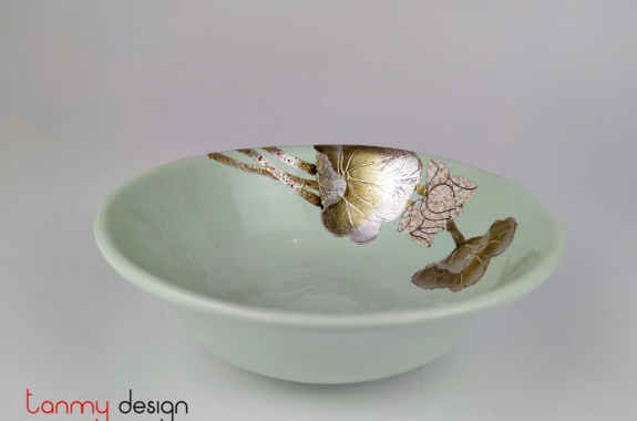 Light green bowl hand-painted with lotus 22cm